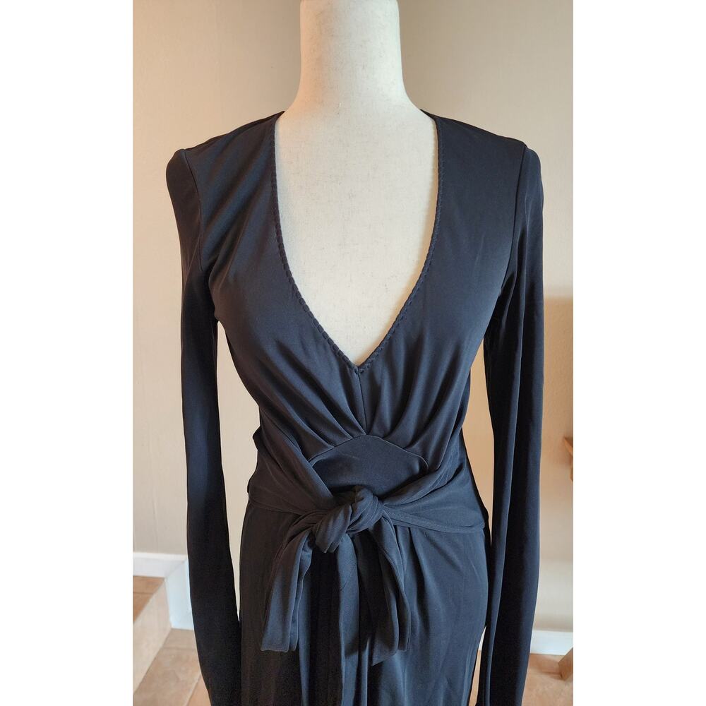 Elie Tahari Black Deep V-Neck Midi Dress Women's Front Tie Sexy - Picture 5 of 12
